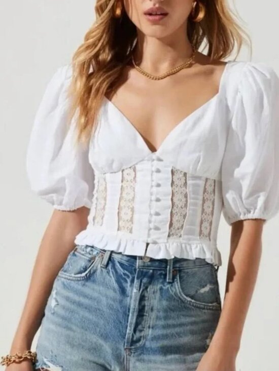 Astr Tops - ASTR The Label Forever Yours Lace Trimmed Puff Sleeve Top XS